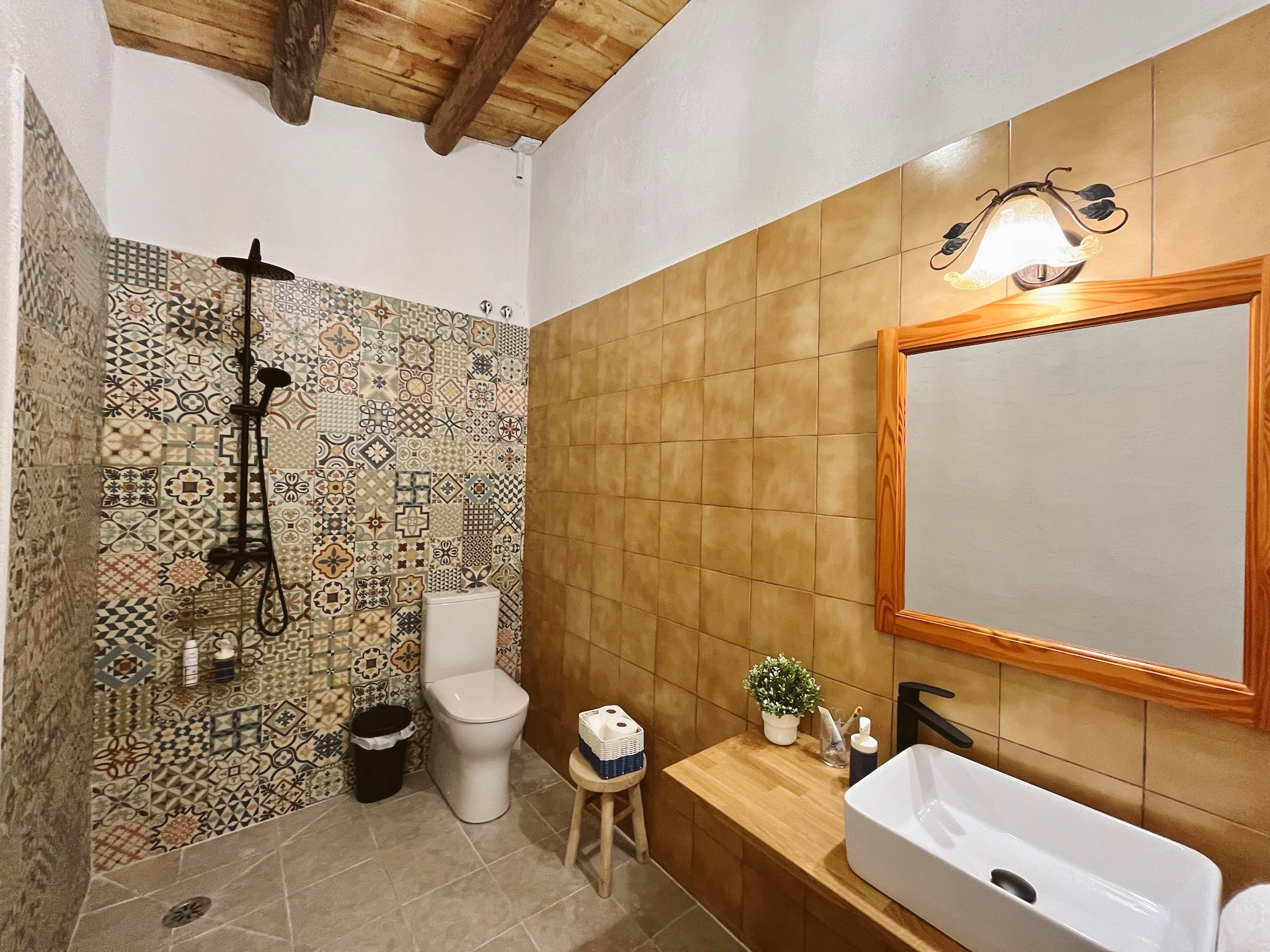 Baño con ducha y espejo de La Antigua Estación