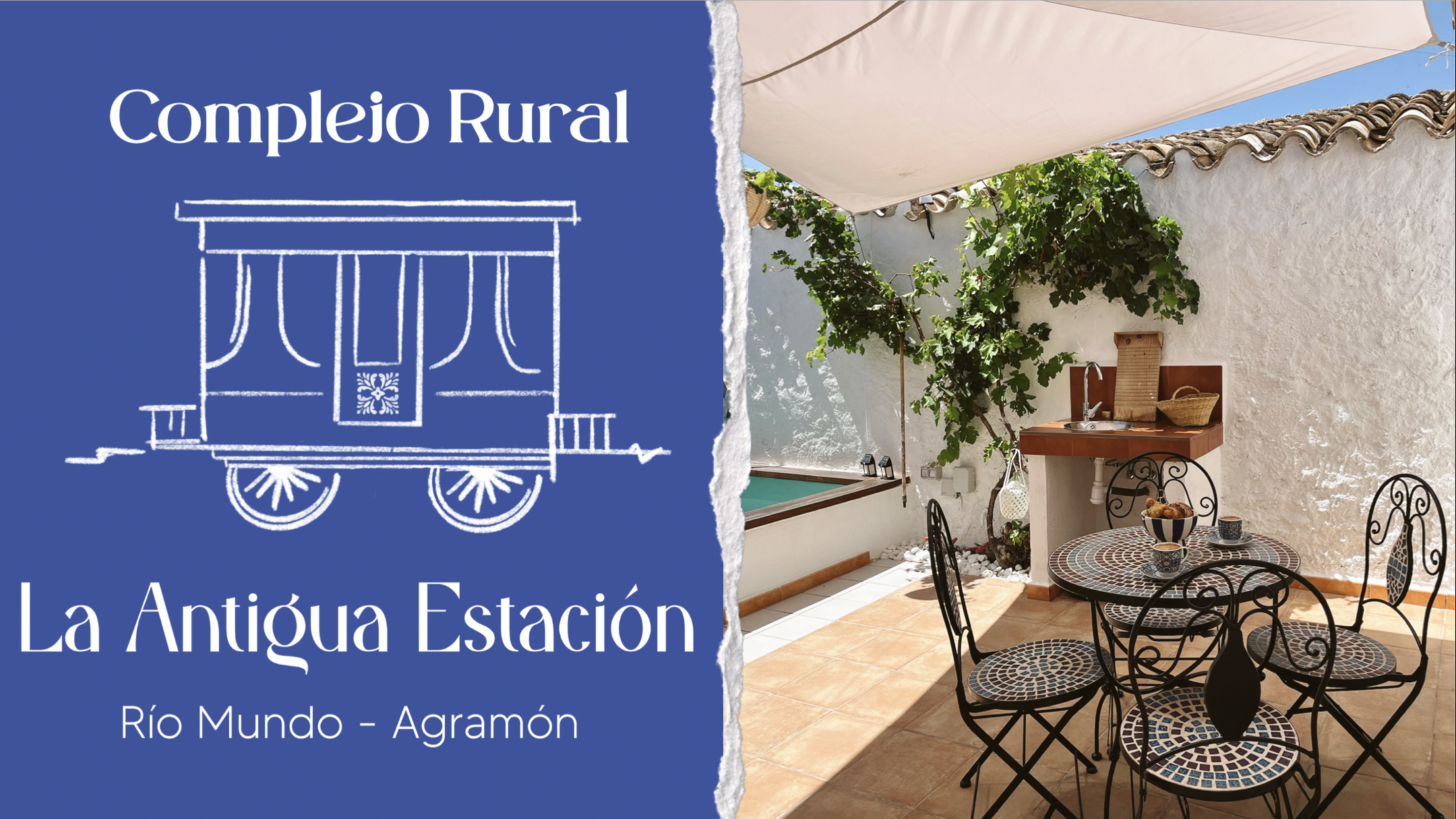 Complejo Rural La Antigua Estación, Río Mundo – Agramón: patio con piscina y mesa exterior.